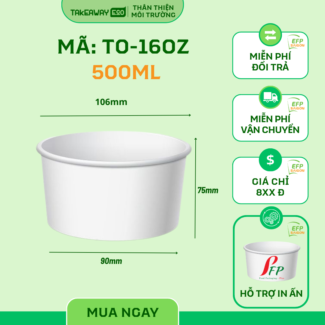 TÔ GIẤY 500M-16OZ NẮP PP ĐỰNG CHÁO SÚP